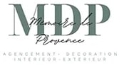 Logo Mémoire de Provence: 'MDP' vert foncé avec 'Mémoire de Provence' en script noir. Agencement, décoration intérieur et extérieur.