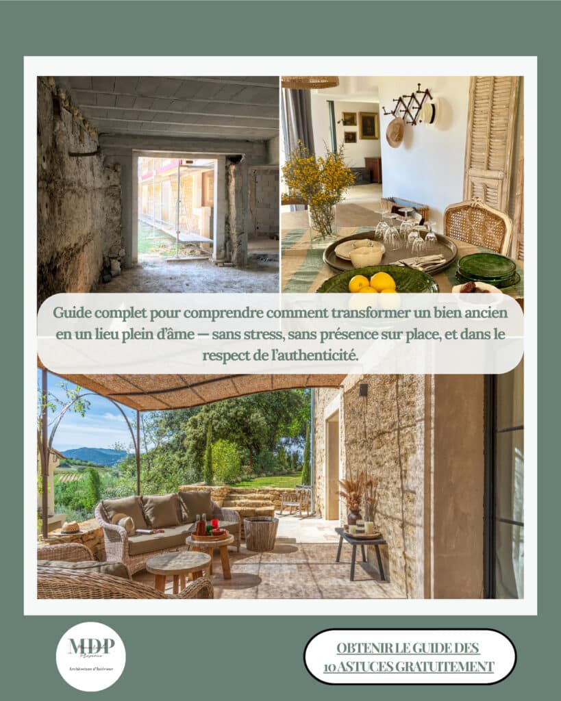 Transformation d'une ancienne propriété. Avant/après intérieur stylé, patio extérieur chaleureux. Texte: Guide de transformation authentique, sans stress. Bouton: Obtenir le guide des 10 astuces.