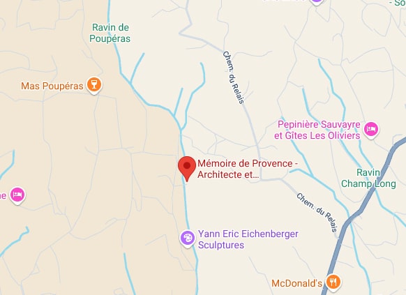 Carte de localisation Mémoire de Provence - Architecte. Montre Chem. du Relais, Mas Poupéras, Pépinière Sauvayre, McDonald's et ravins.